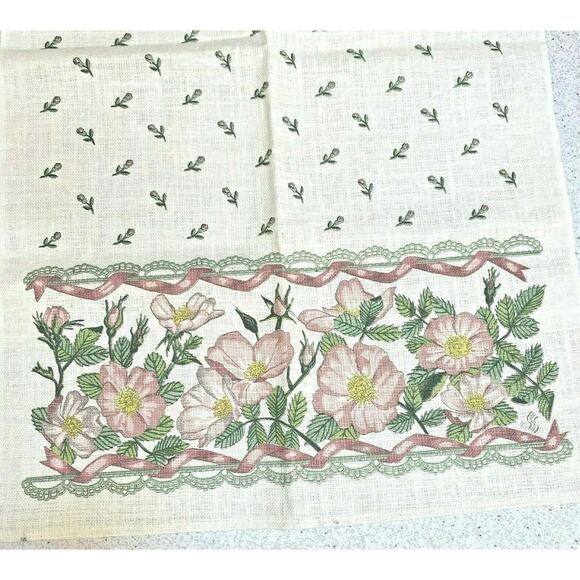 Vintage 1990's linen tea towel unsigned 26" x 16" retro floral flowers motif - Picture 3 of 4